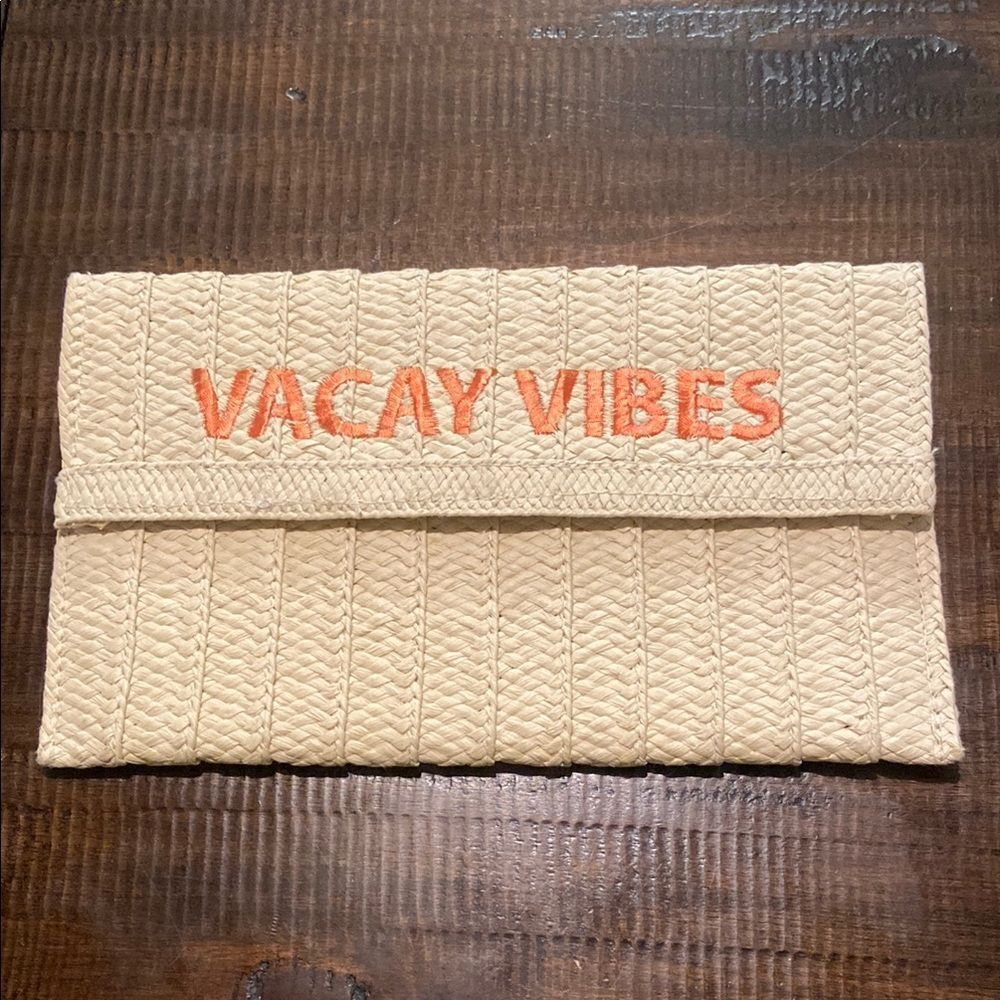 Cream Straw envelope clutch with coral 'Vacay Vibes' Embroidery